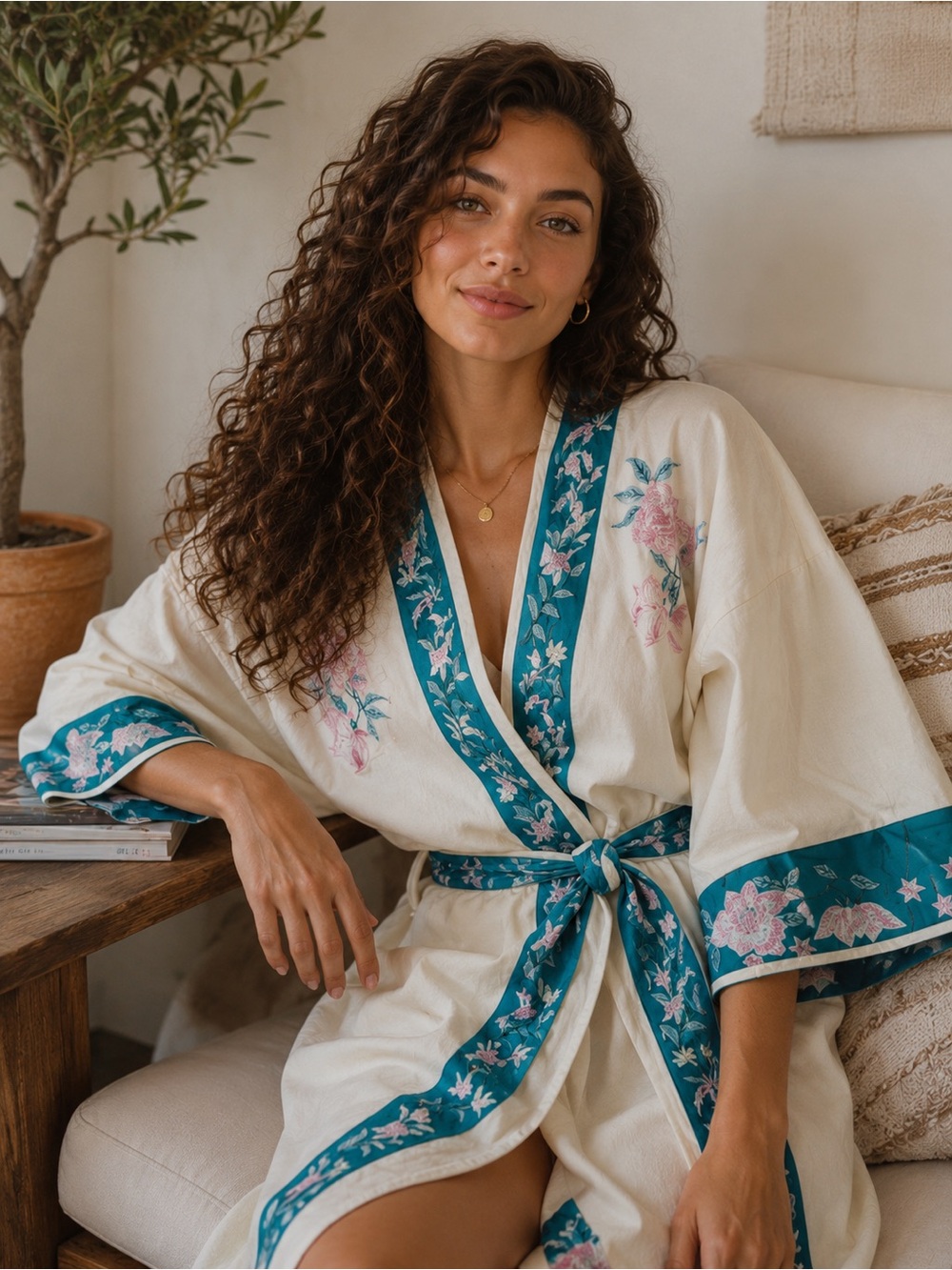 Nordstrom Willow & Clay Cream Robe with Teal Floral Trim & Embroidery